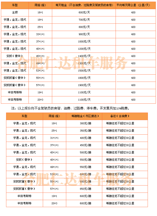 合肥仁達(dá)汽車服務(wù)有限公司旅游大巴價格表